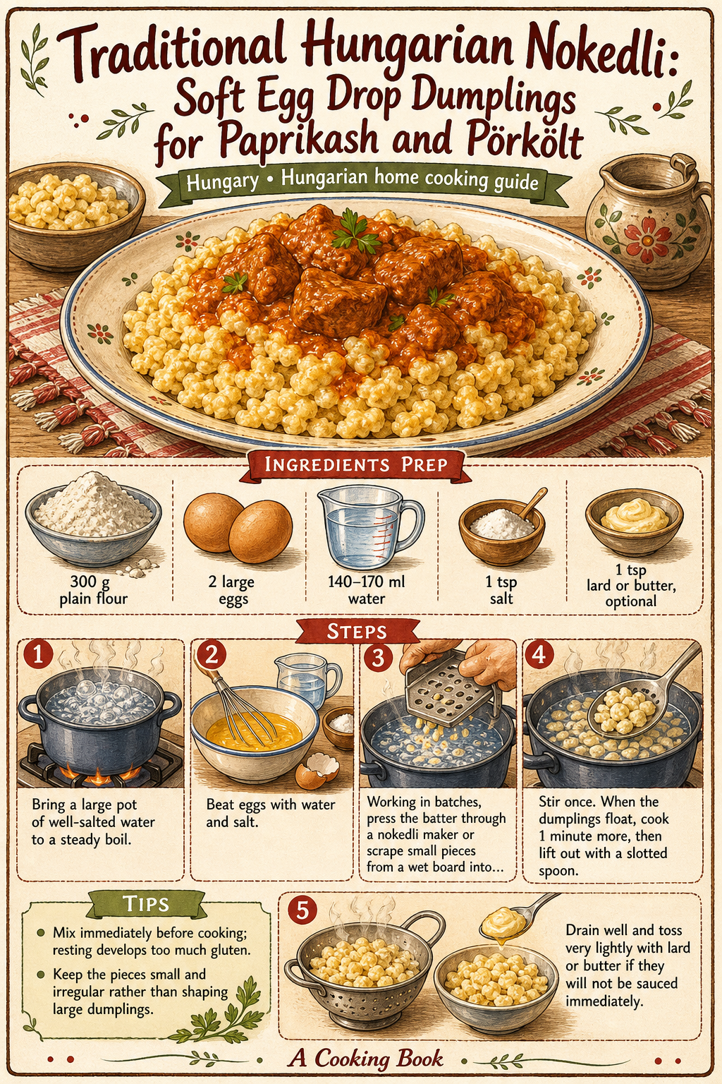 Traditional Hungarian Nokedli: Soft Egg Drop Dumplings for Paprikash and Pörkölt illustrated step-by-step cooking guide