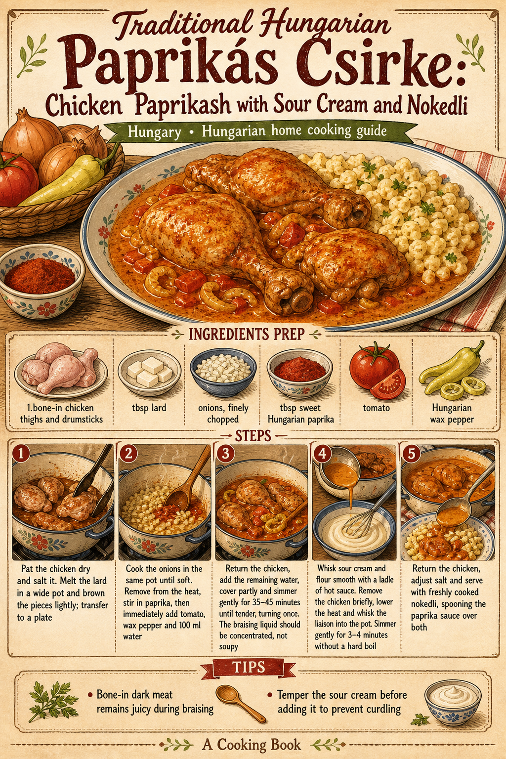 Traditional Hungarian Paprikás Csirke: Chicken Paprikash with Sour Cream and Nokedli illustrated step-by-step cooking guide