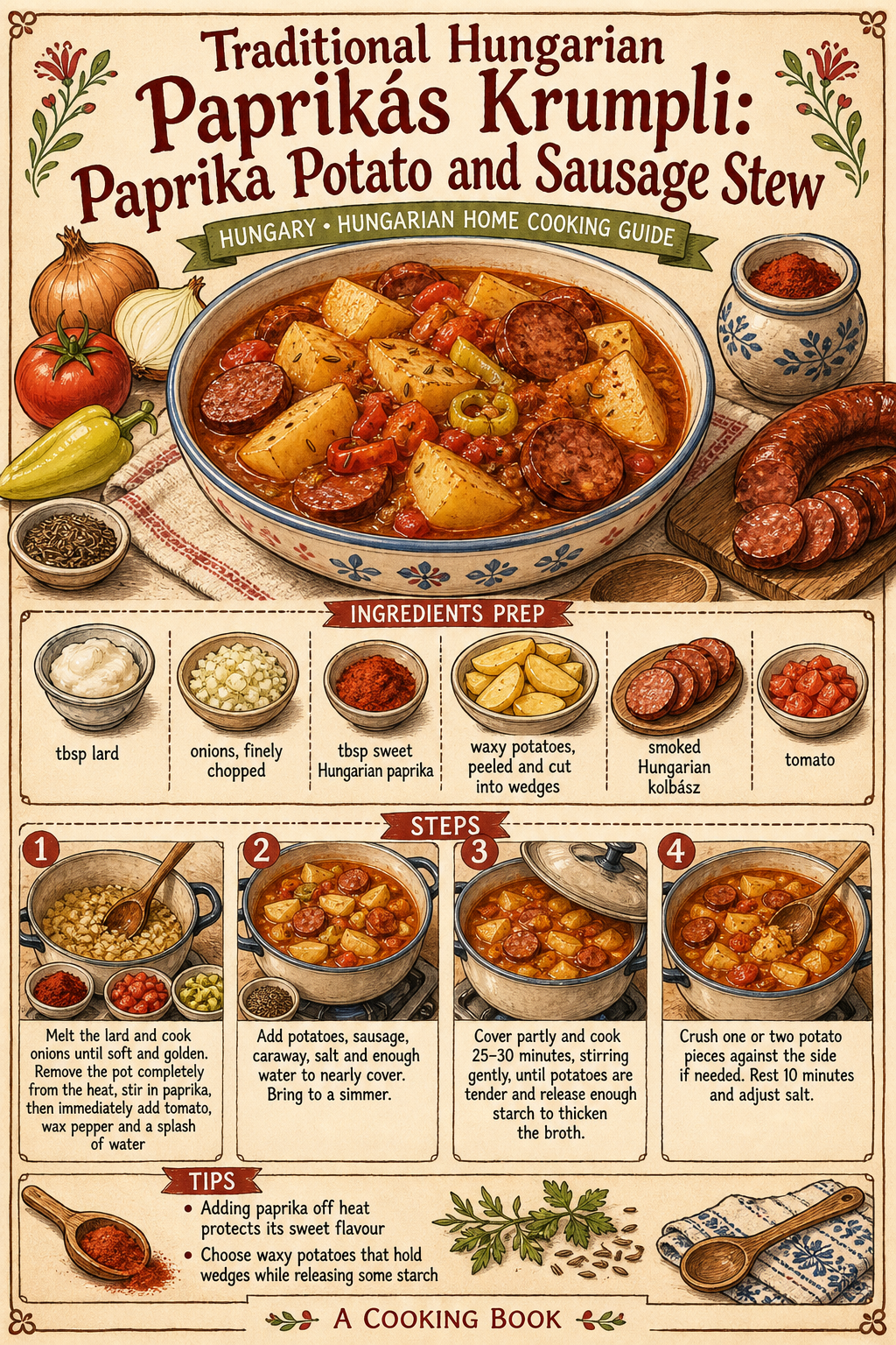 Traditional Hungarian Paprikás Krumpli: Paprika Potato and Sausage Stew illustrated step-by-step cooking guide