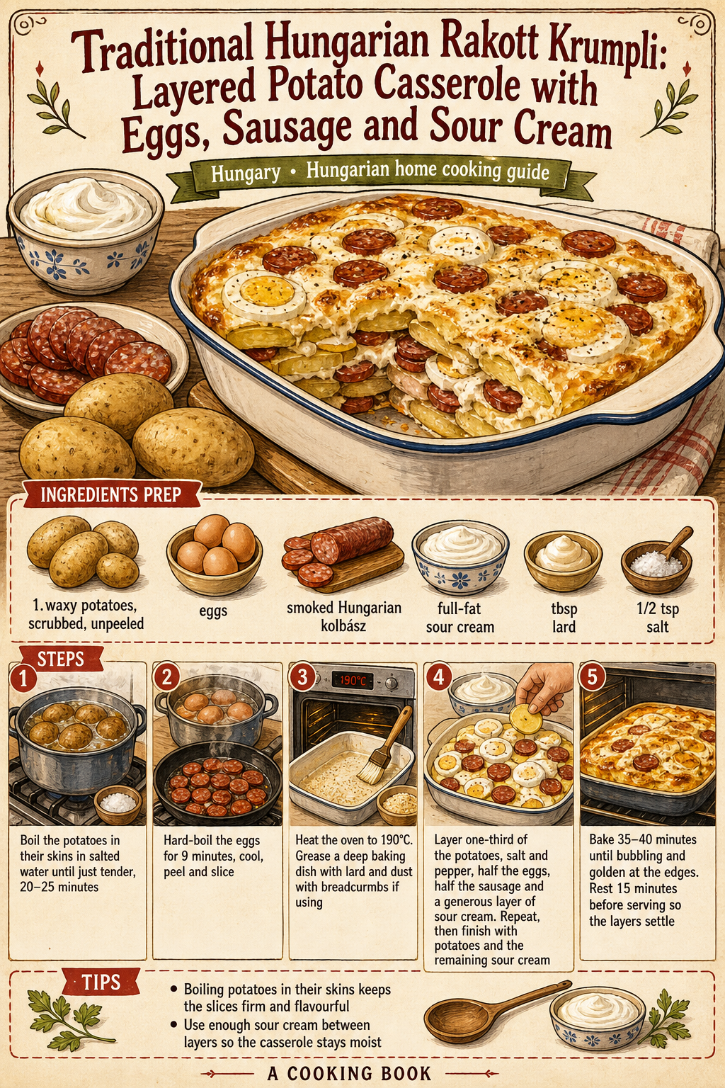 Traditional Hungarian Rakott Krumpli: Layered Potato Casserole with Eggs, Sausage and Sour Cream illustrated step-by-step cooking guide