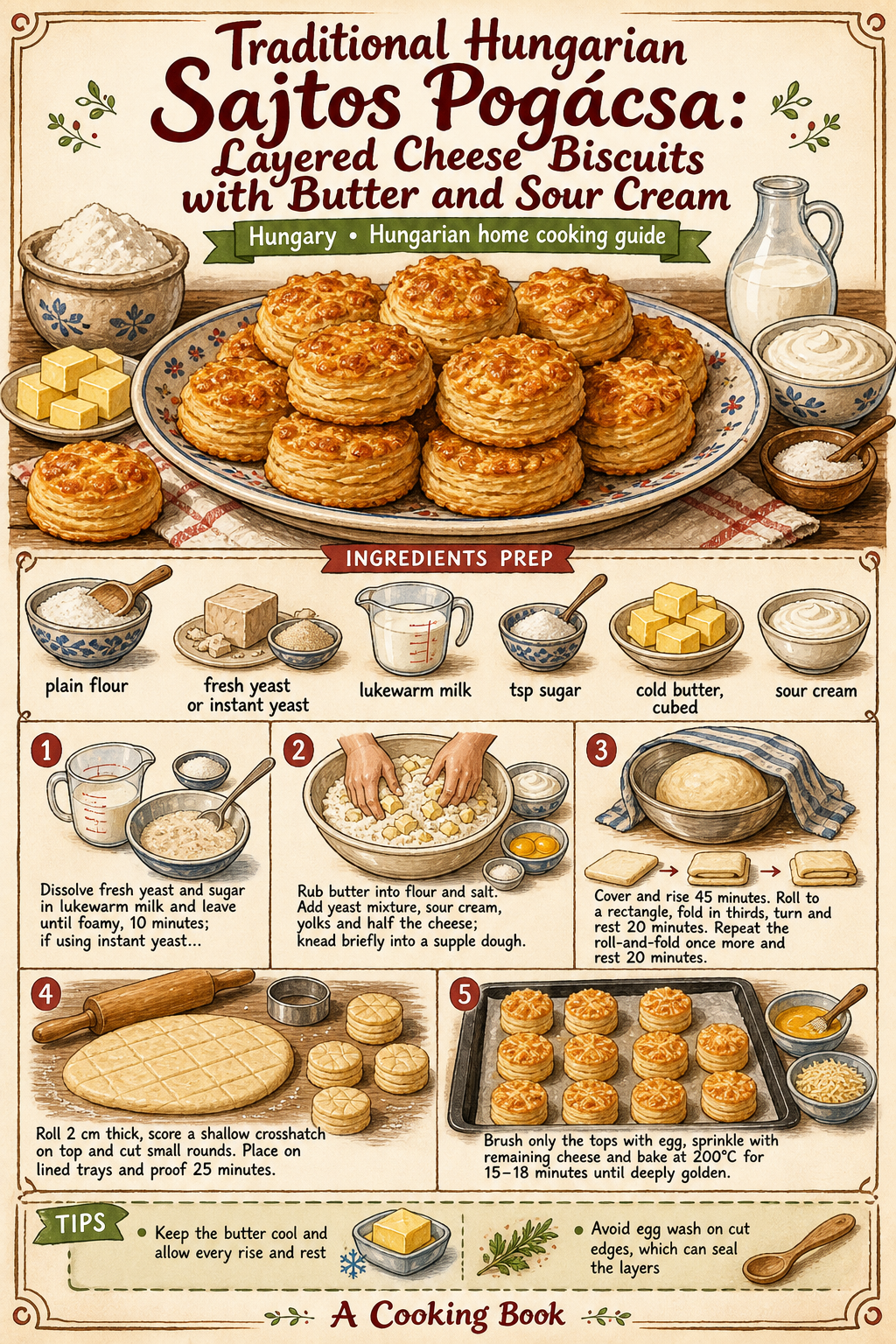 Traditional Hungarian Sajtos Pogácsa: Layered Cheese Biscuits with Butter and Sour Cream illustrated step-by-step cooking guide