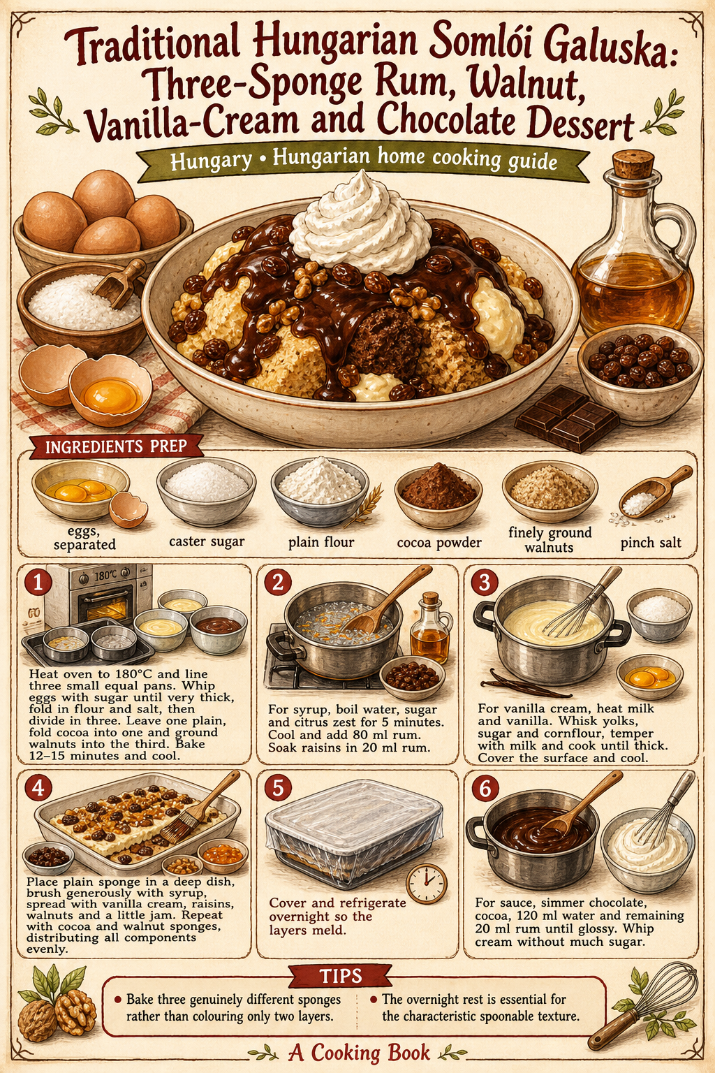 Traditional Hungarian Somlói Galuska: Three-Sponge Rum, Walnut, Vanilla-Cream and Chocolate Dessert illustrated step-by-step cooking guide