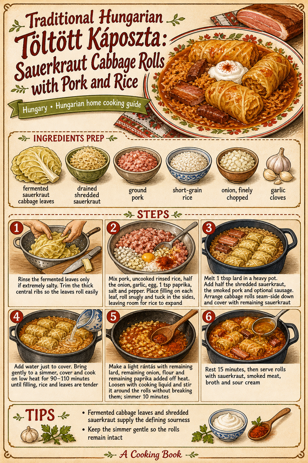 Traditional Hungarian Töltött Káposzta: Sauerkraut Cabbage Rolls with Pork and Rice illustrated step-by-step cooking guide