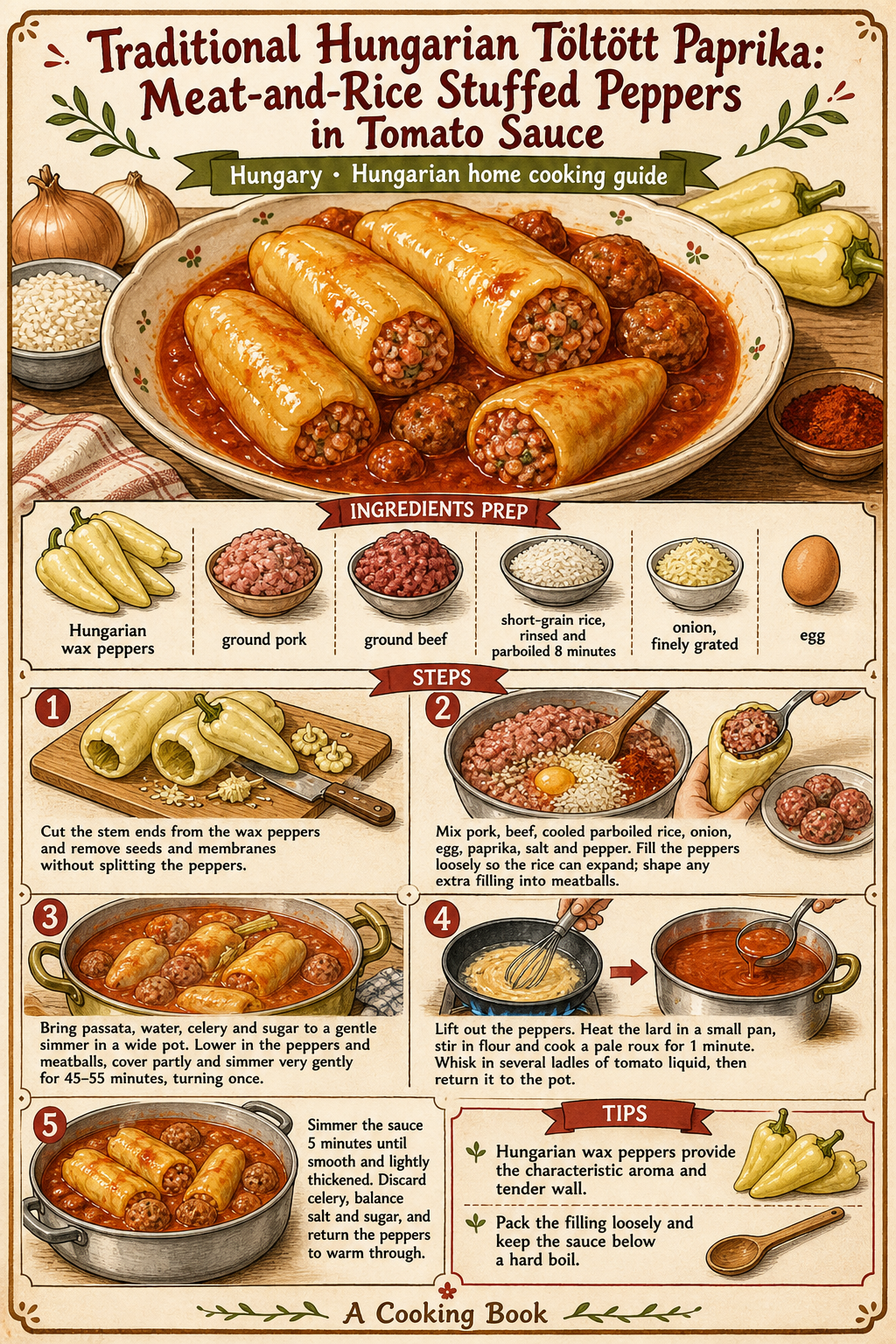 Traditional Hungarian Töltött Paprika: Meat-and-Rice Stuffed Peppers in Tomato Sauce illustrated step-by-step cooking guide