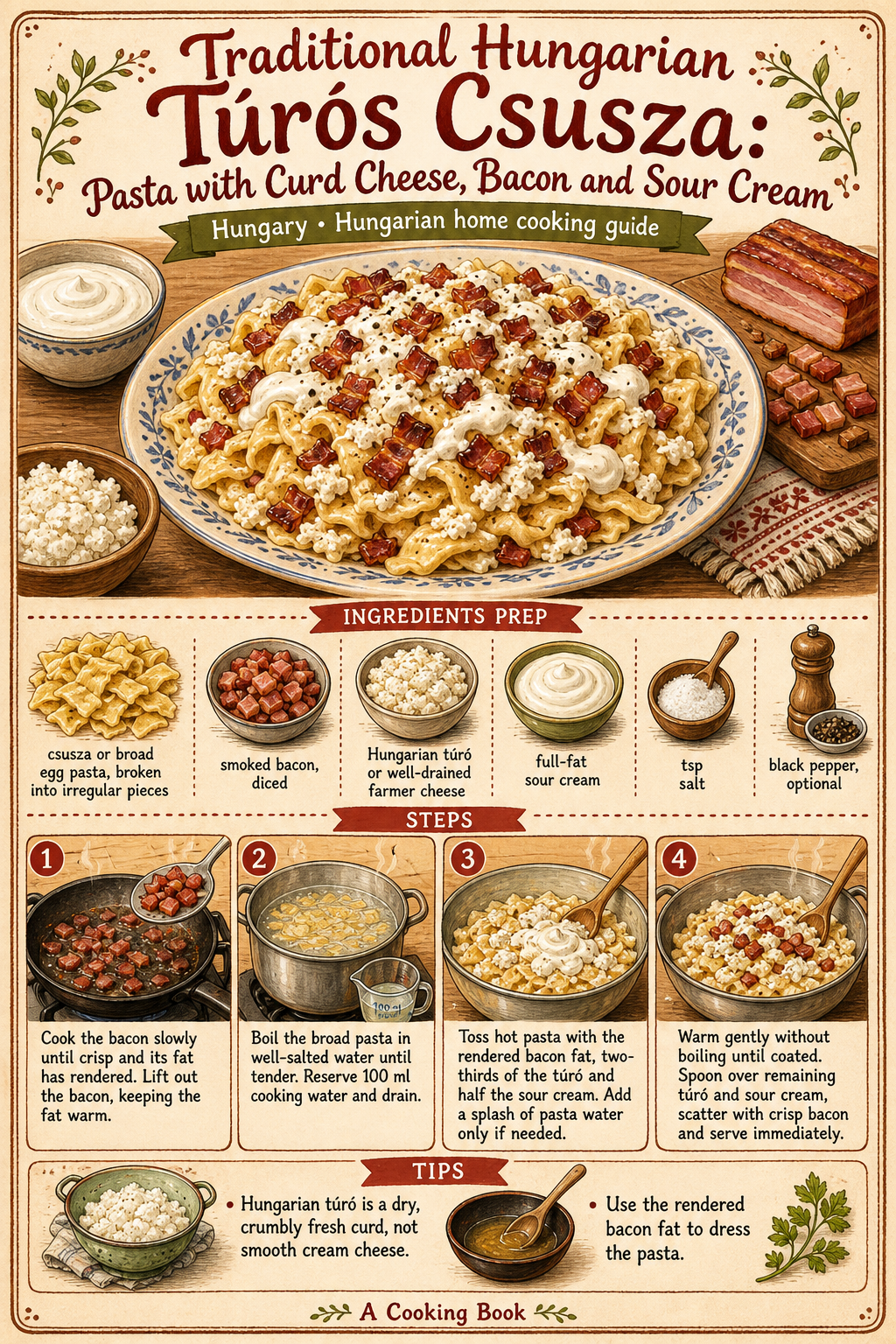 Traditional Hungarian Túrós Csusza: Pasta with Curd Cheese, Bacon and Sour Cream illustrated step-by-step cooking guide