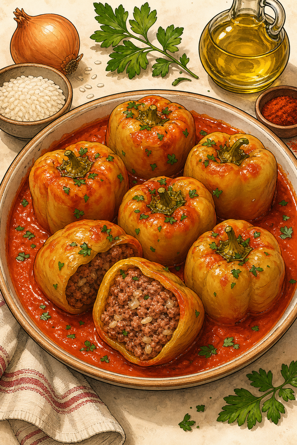 Traditional Romanian Ardei Umpluți: Meat-Stuffed Peppers in Tomato Sauce illustrated recipe card