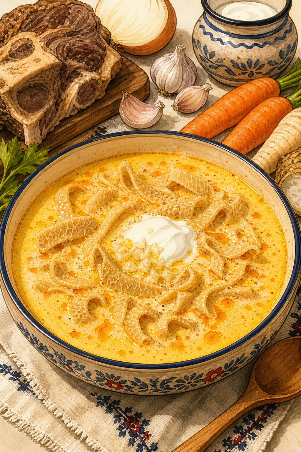Traditional Ciorbă de Burtă: Sour Tripe Soup with Garlic and Sour Cream