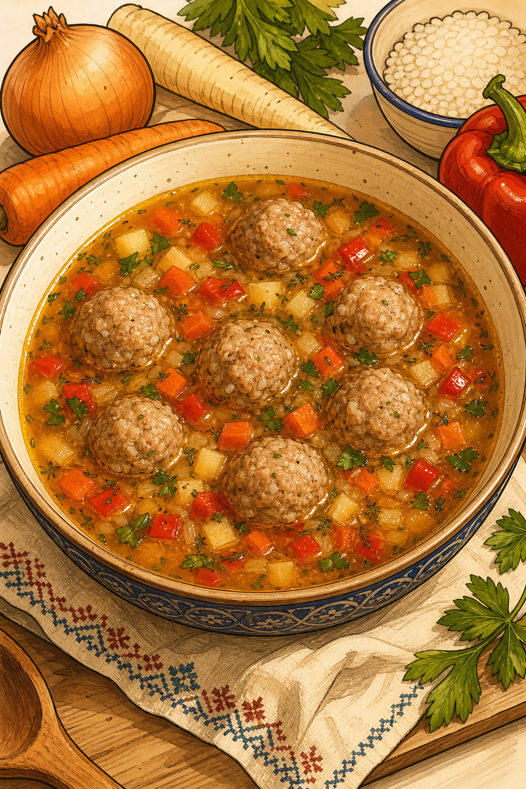 Traditional Ciorbă de Perișoare: Romanian Sour Soup with Pork Meatballs