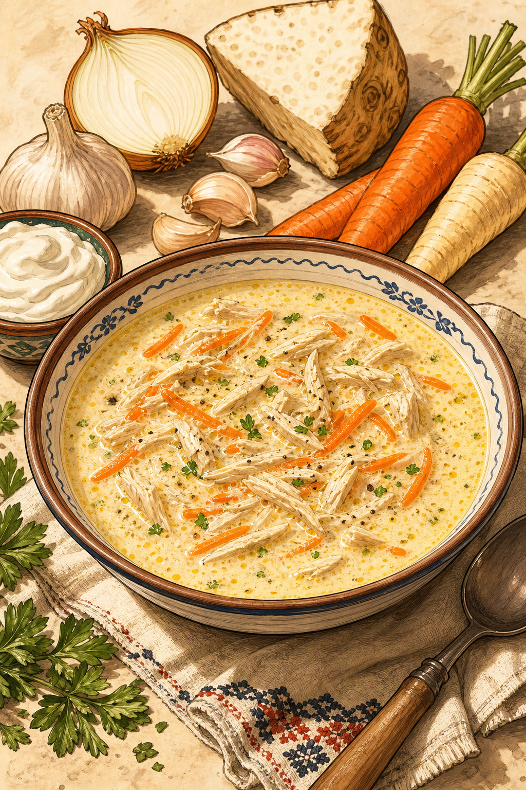 Traditional Ciorbă Rădăuțeană: Garlicky Chicken Soup with Sour Cream