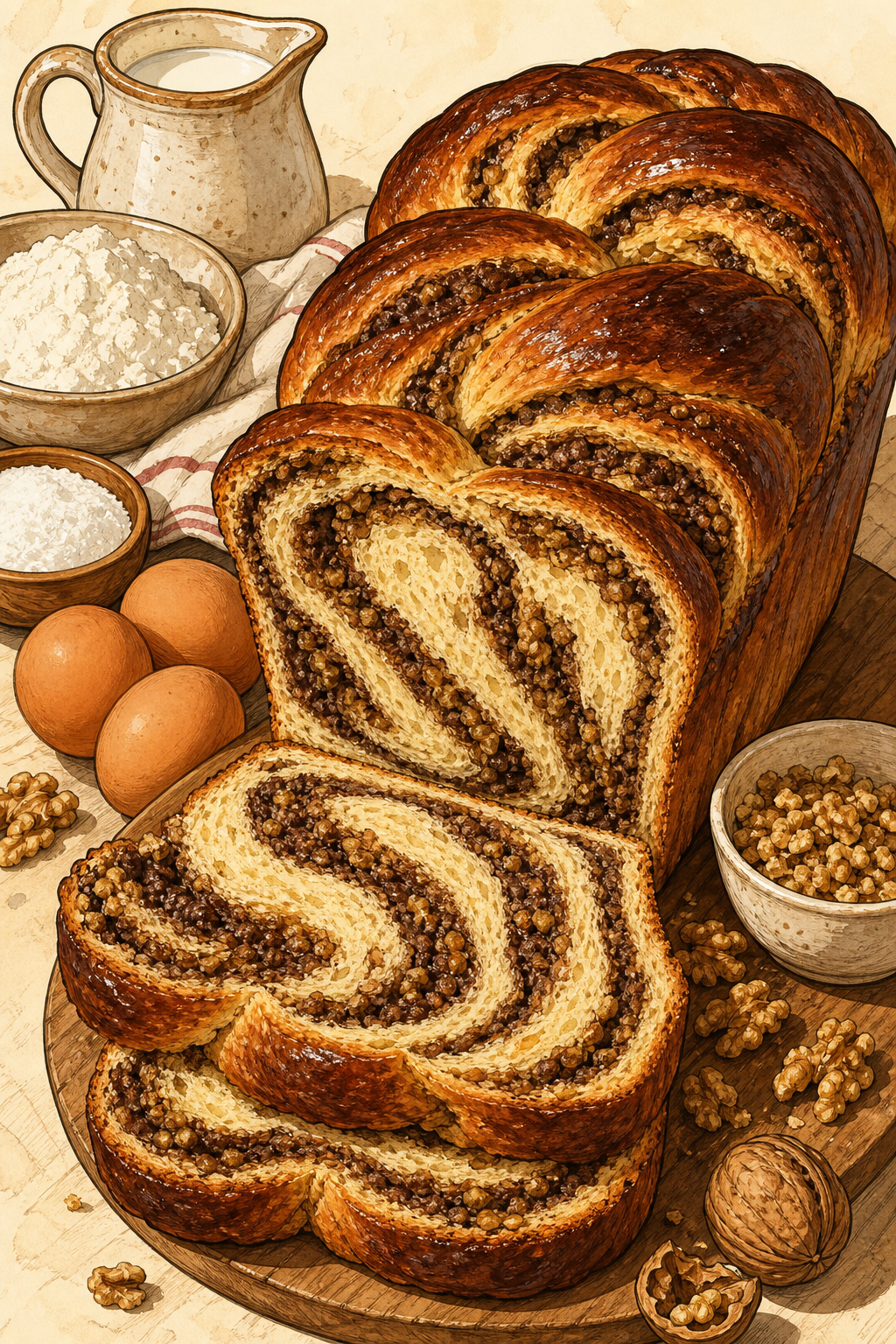 Traditional Cozonac cu Nucă: Walnut-and-Cocoa Swirled Holiday Bread