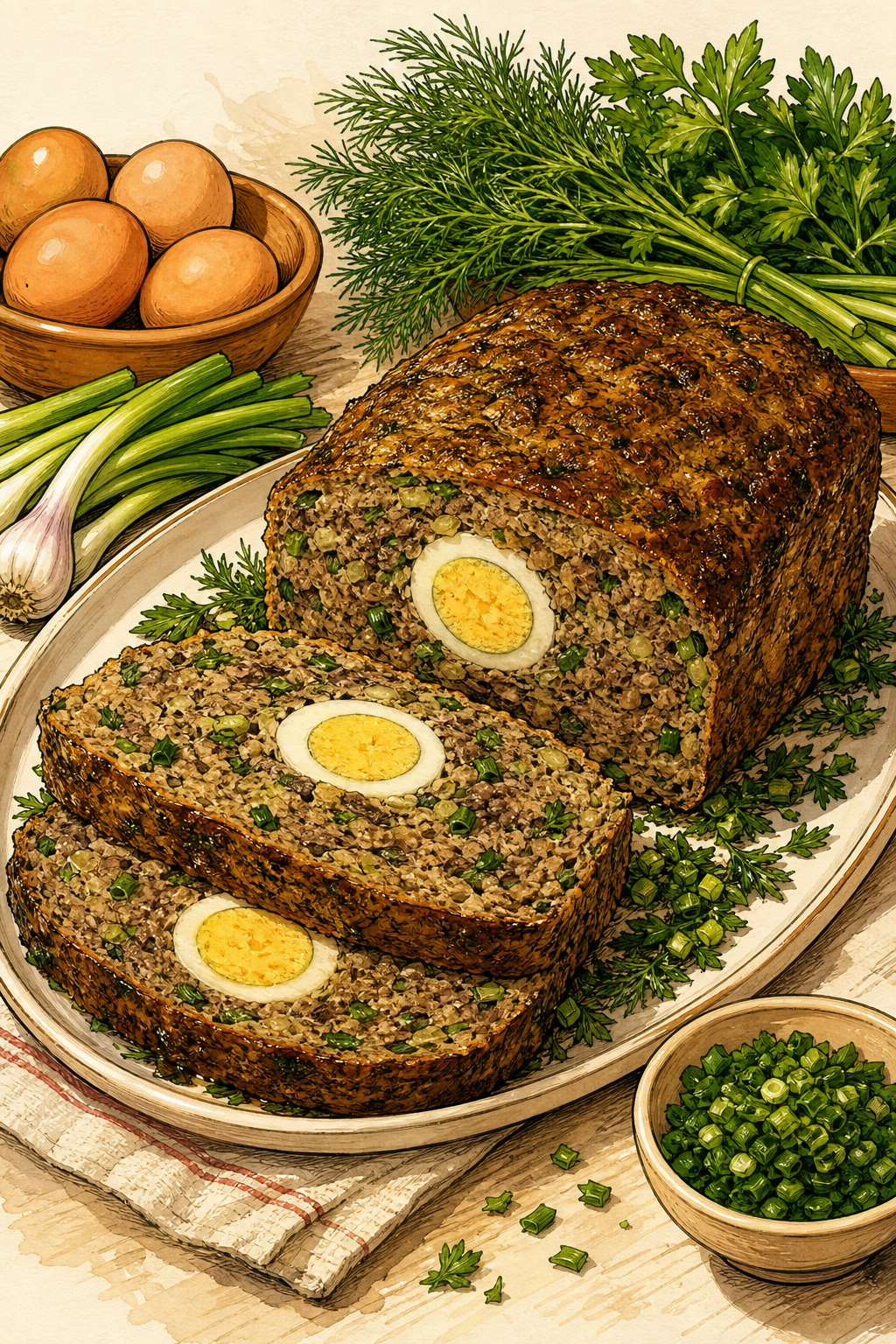 Traditional Drob de Miel: Easter Lamb Offal Loaf with Eggs and Herbs
