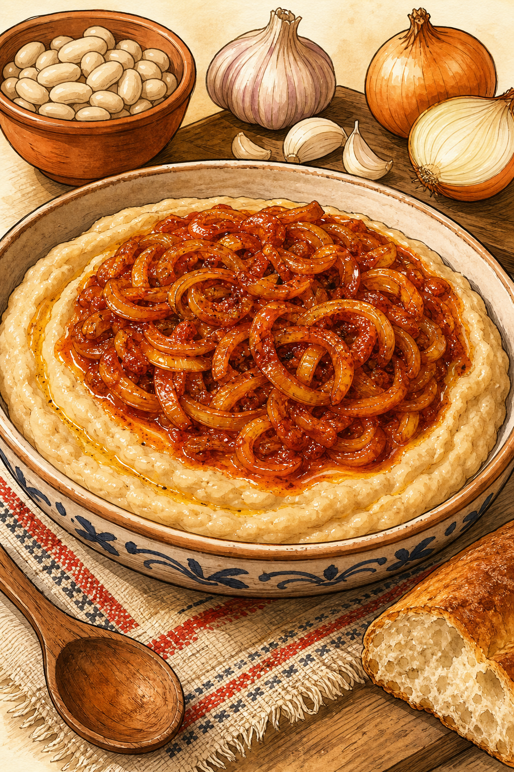 Traditional Romanian Fasole Bătută: Whipped White Bean Spread with Caramelized Onions