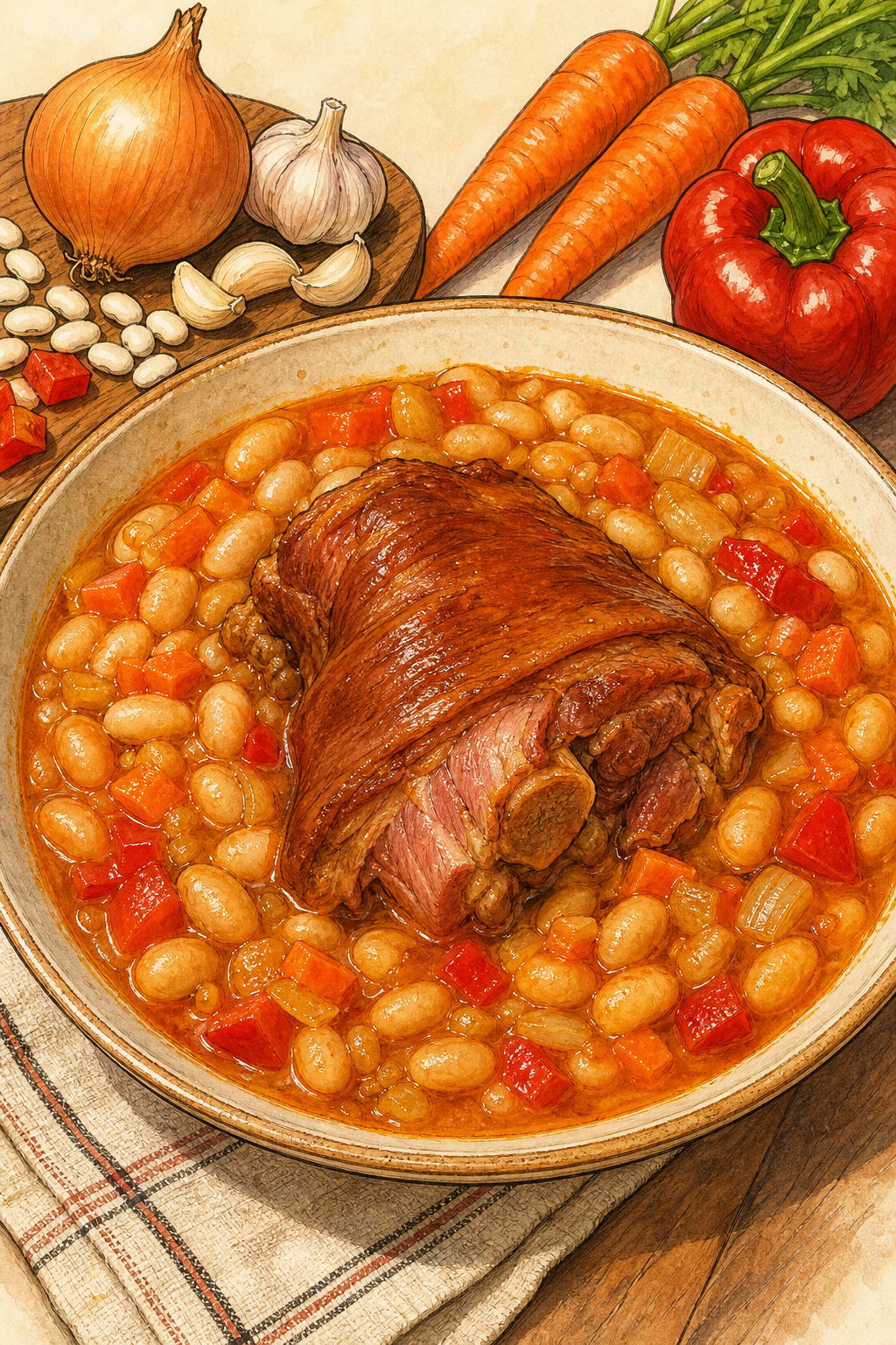 Traditional Fasole cu Ciolan: Bean Stew with Smoked Pork Hock illustrated recipe card