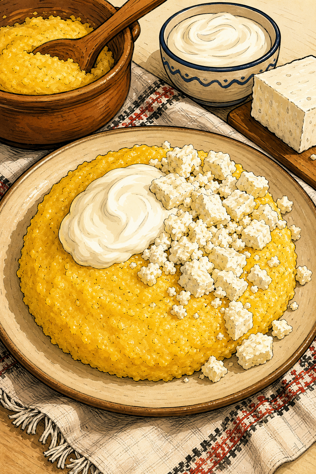 Traditional Romanian Mămăligă cu Brânză și Smântână: Cornmeal with Brined Cheese and Sour Cream