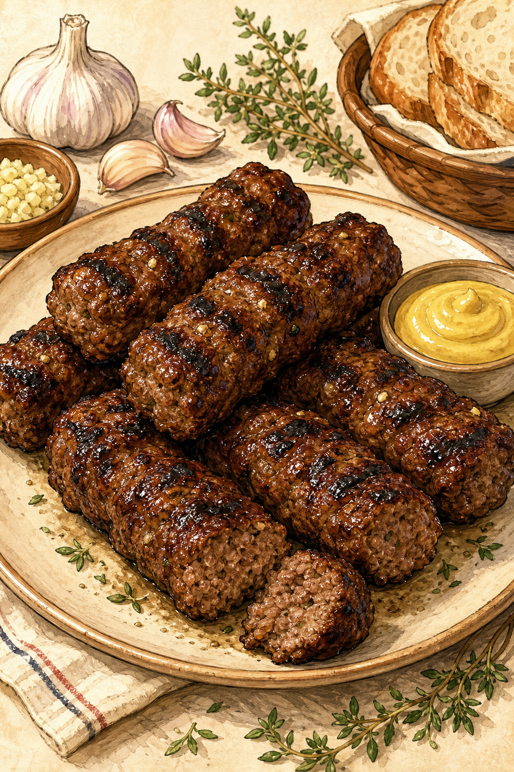 Traditional Romanian Mititei (Mici): Grilled Garlic-Spiced Skinless Sausages illustrated recipe card