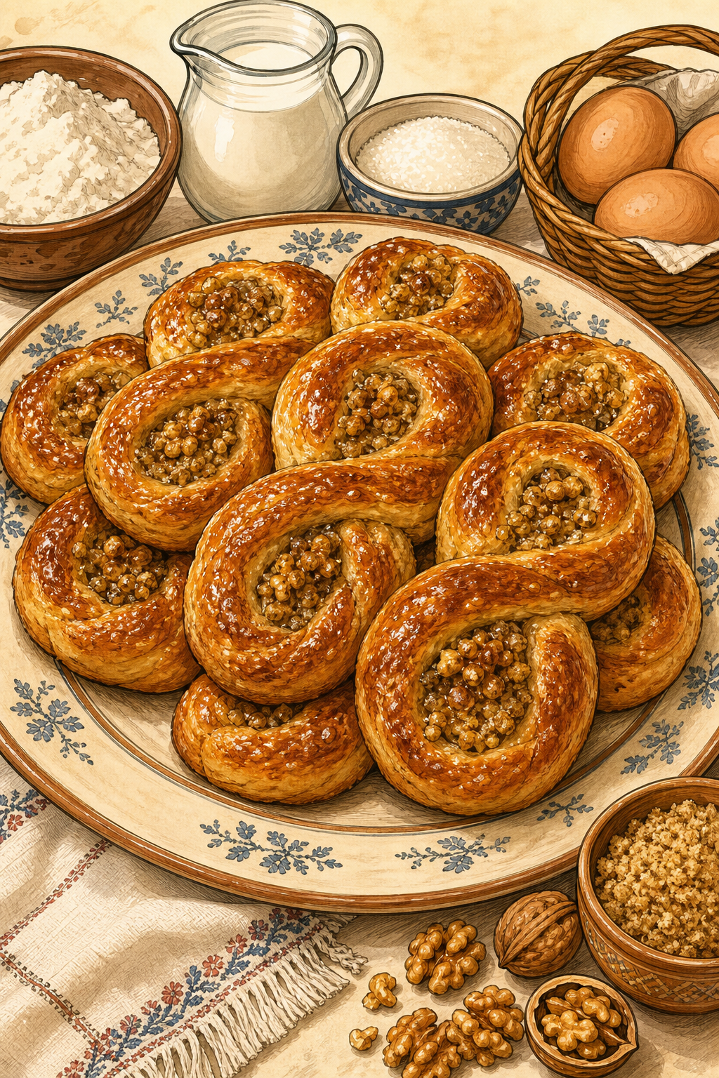 Traditional Mucenici Moldovenești: Honey-and-Walnut Figure-Eight Breads illustrated recipe card