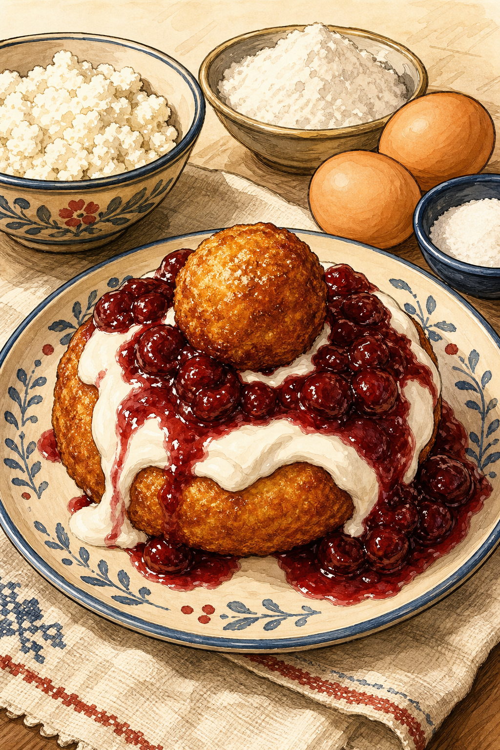 Traditional Papanași Prăjiți: Fried Fresh-Cheese Doughnuts with Sour Cream and Sour Cherry Jam illustrated recipe card