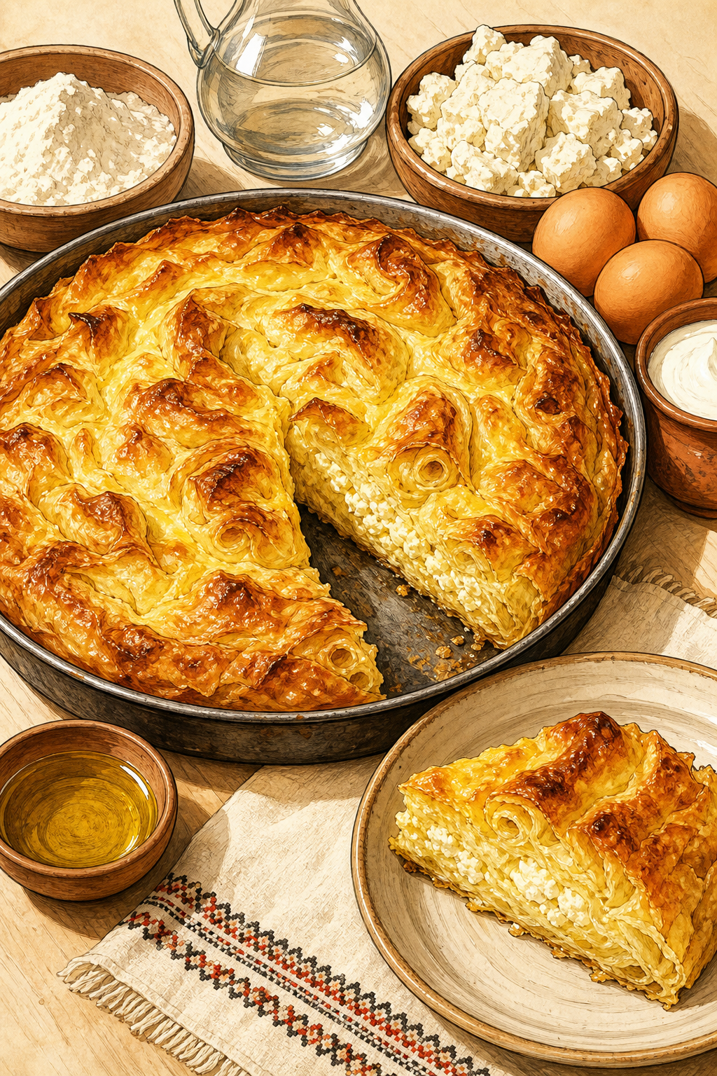 Plăcintă Dobrogeană PGI: Layered Brined-Cheese Pie with Yogurt and Eggs