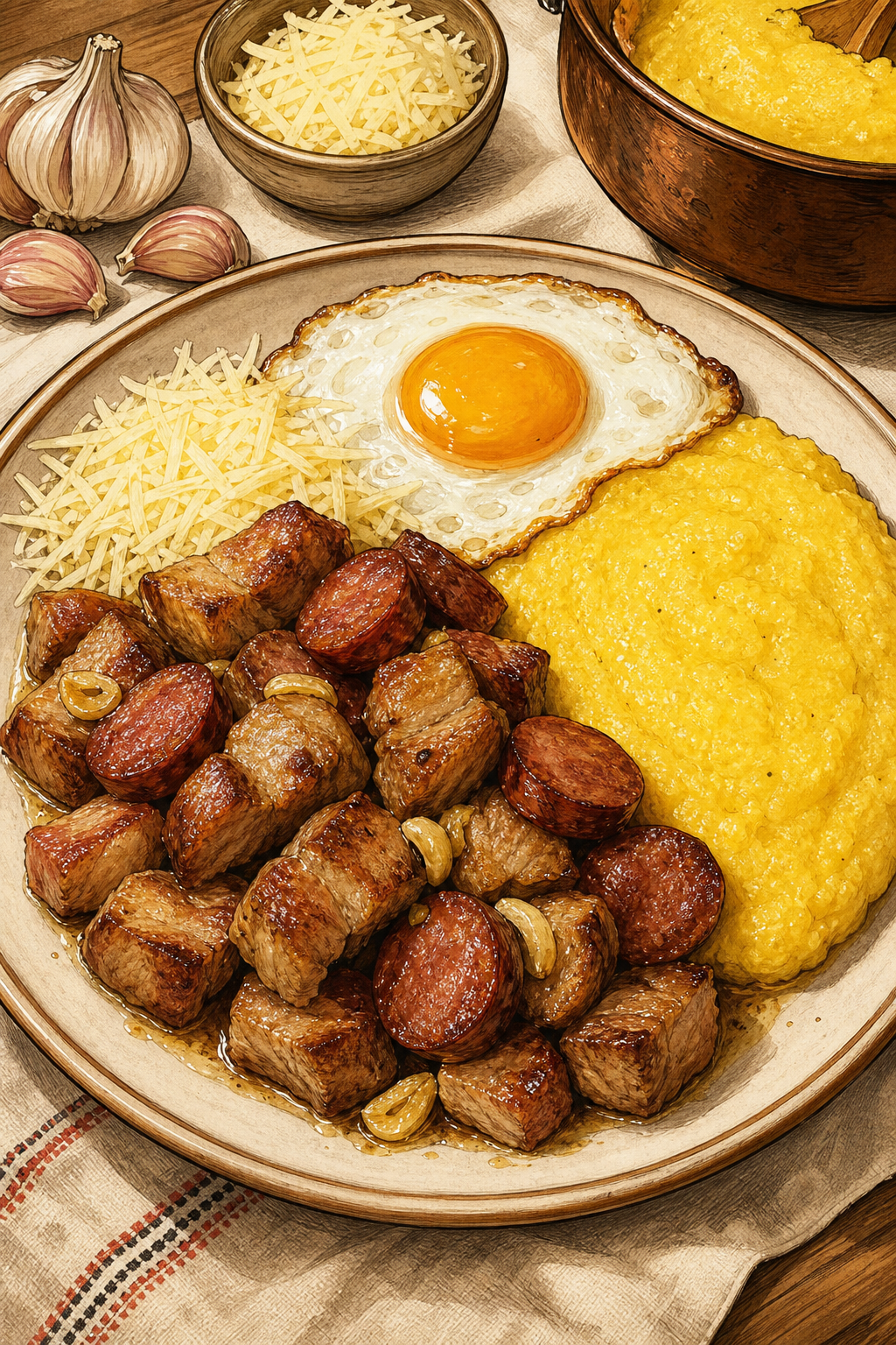 Traditional Tochitură Moldovenească: Pork with Mămăligă, Fried Egg and Brined Cheese