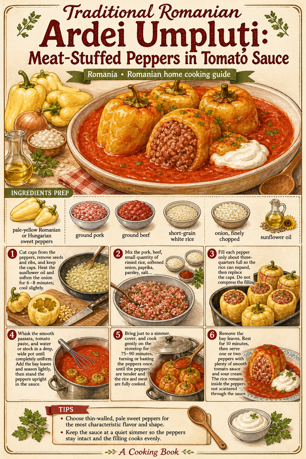 Traditional Romanian Ardei Umpluți: Meat-Stuffed Peppers in Tomato Sauce illustrated step-by-step cooking guide