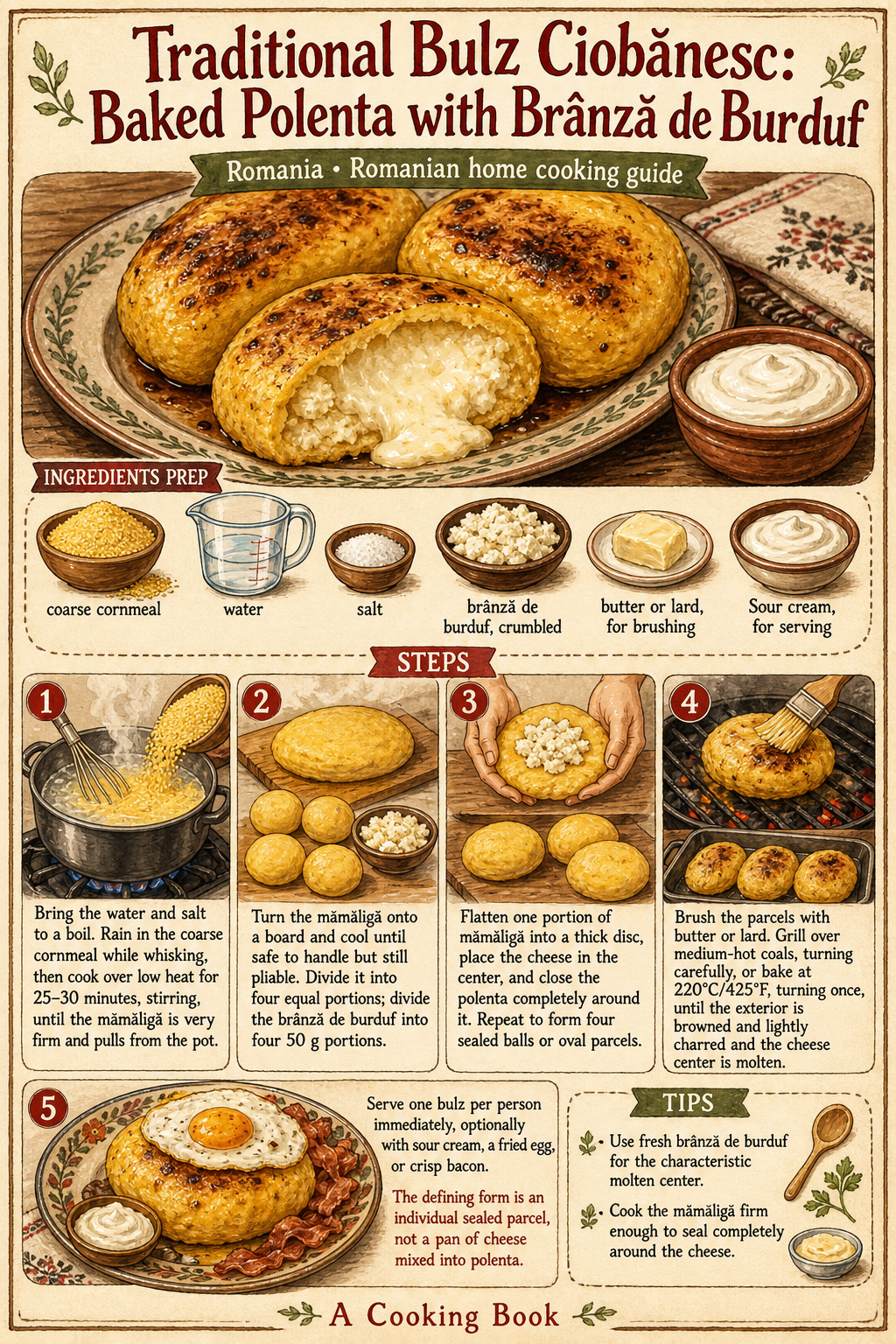 Traditional Bulz Ciobănesc: Baked Polenta with Brânză de Burduf illustrated step-by-step cooking guide