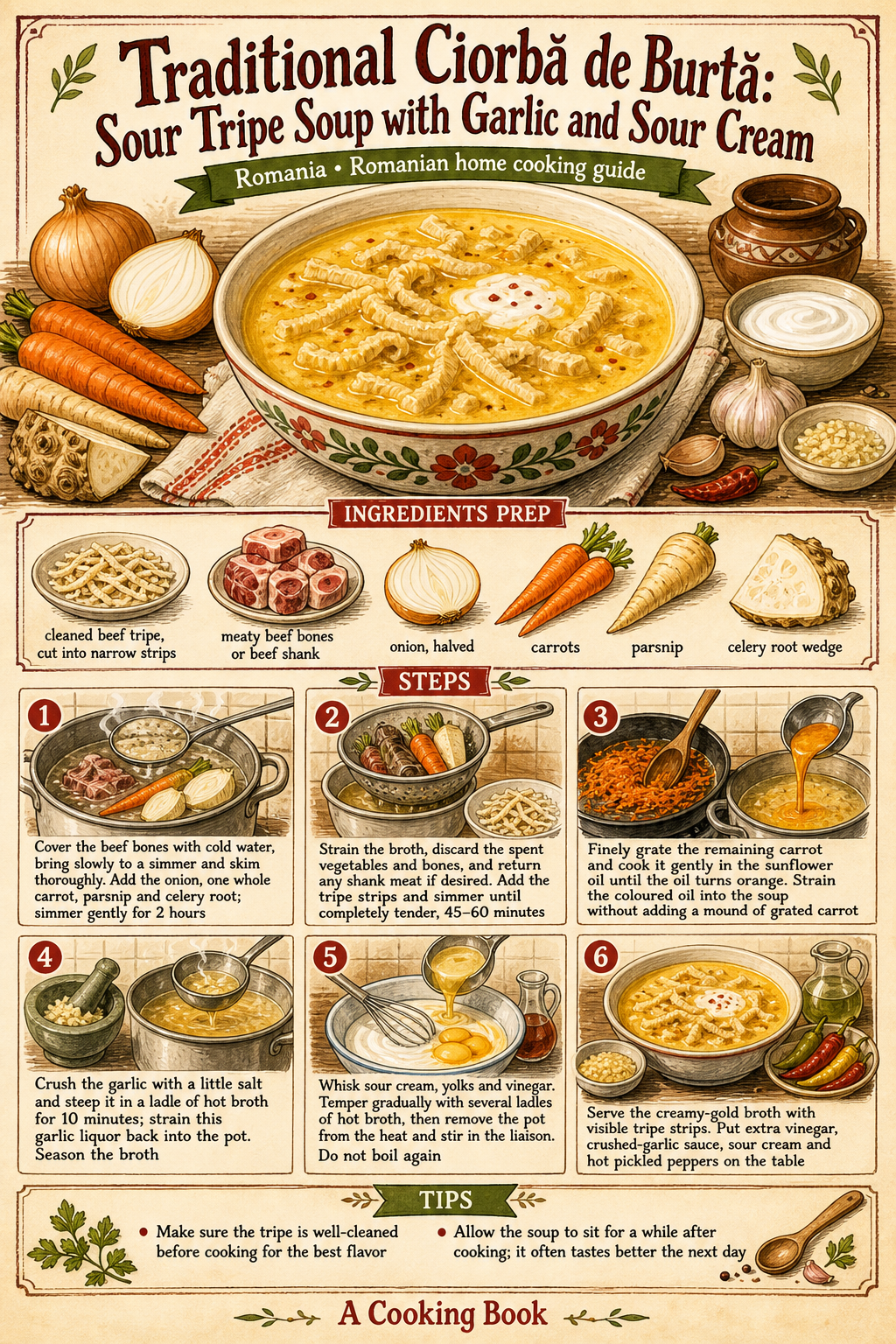 Traditional Ciorbă de Burtă: Sour Tripe Soup with Garlic and Sour Cream illustrated step-by-step cooking guide