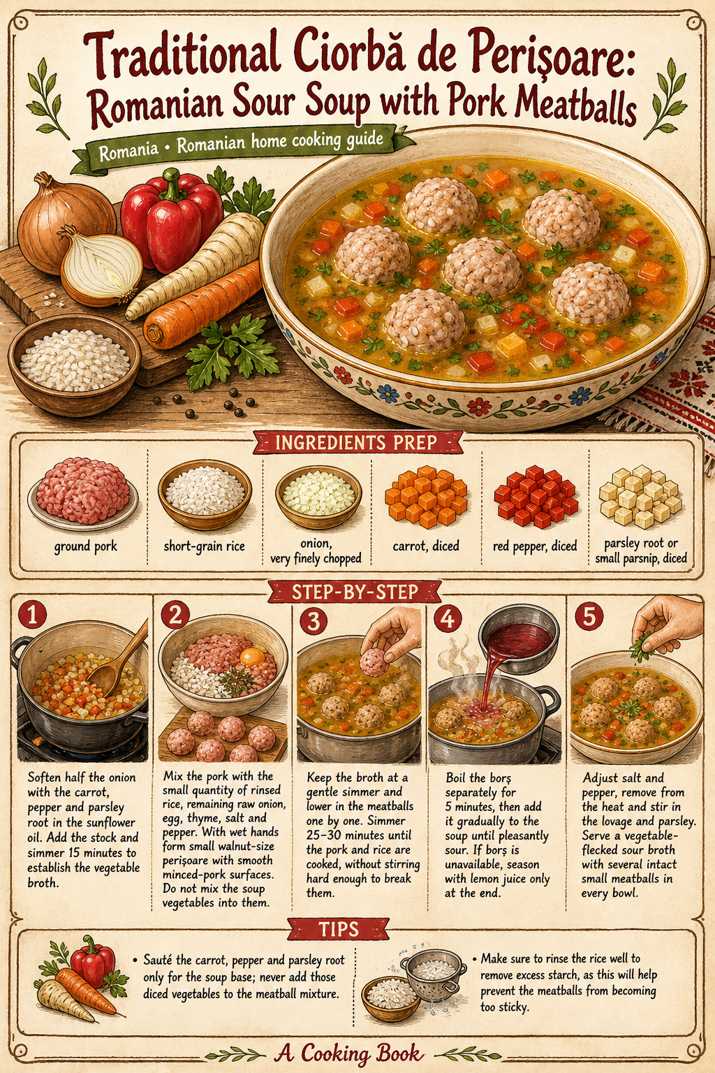 Traditional Ciorbă de Perișoare: Romanian Sour Soup with Pork Meatballs illustrated step-by-step cooking guide