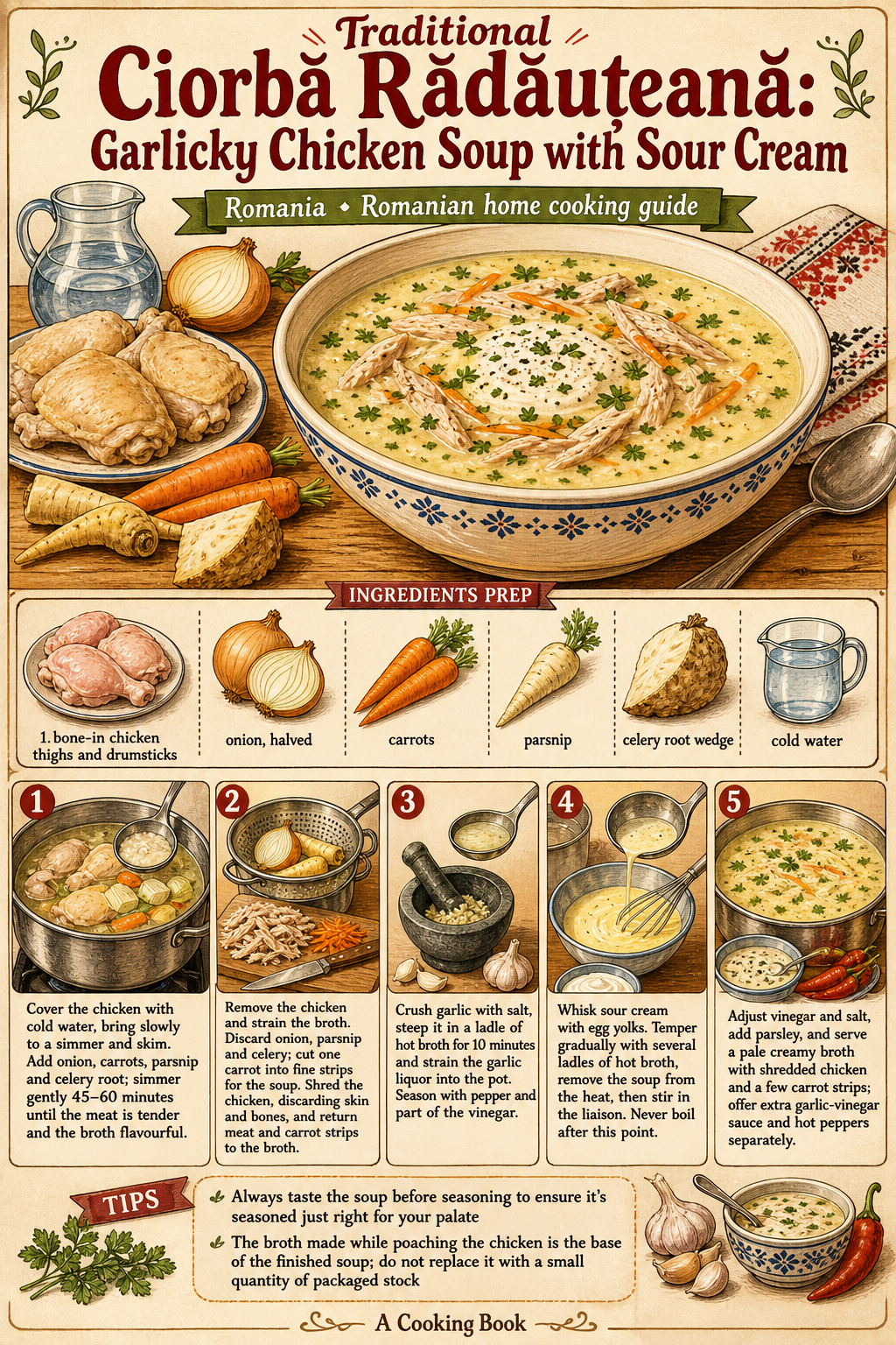 Traditional Ciorbă Rădăuțeană: Garlicky Chicken Soup with Sour Cream illustrated step-by-step cooking guide
