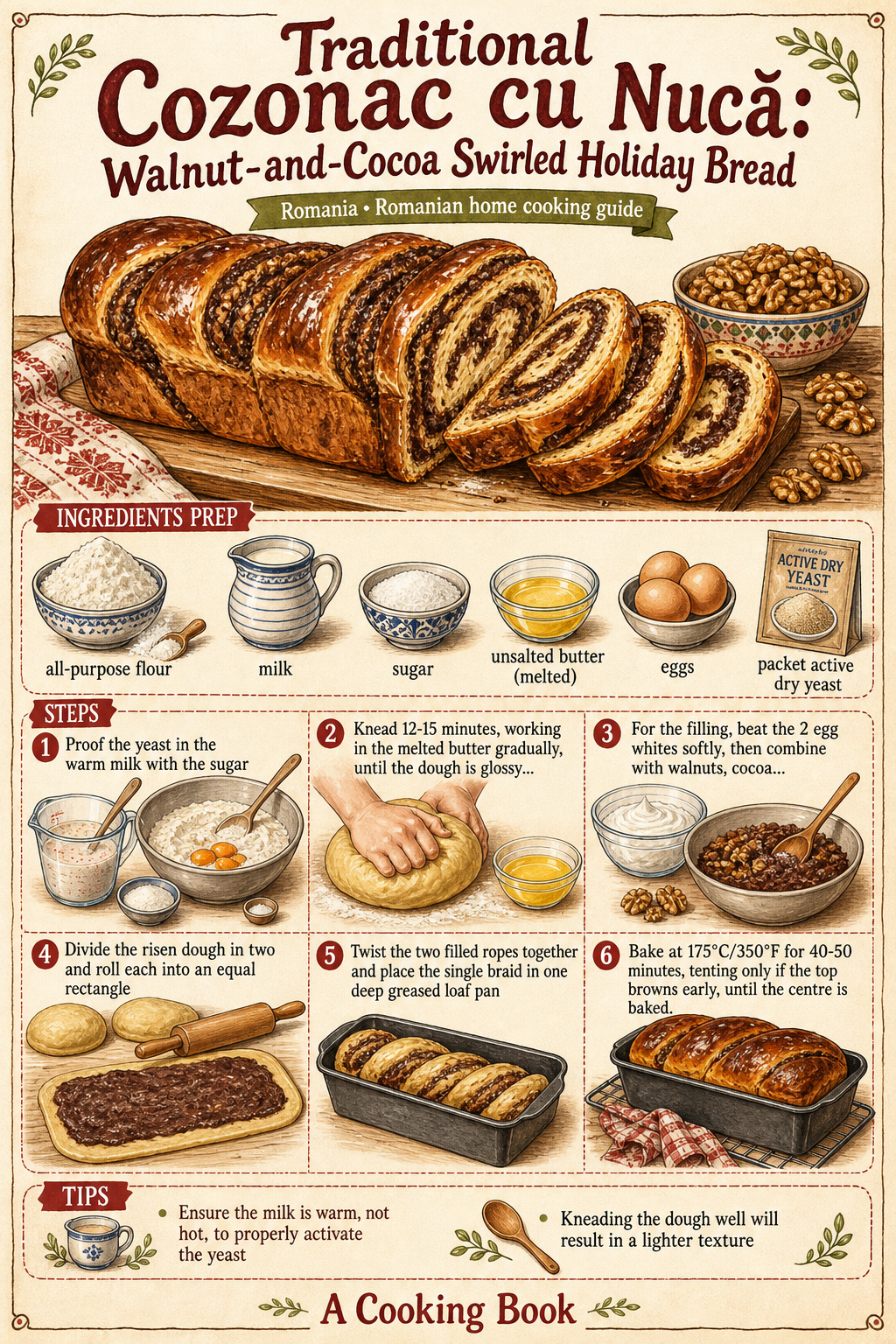 Traditional Cozonac cu Nucă: Walnut-and-Cocoa Swirled Holiday Bread illustrated step-by-step cooking guide