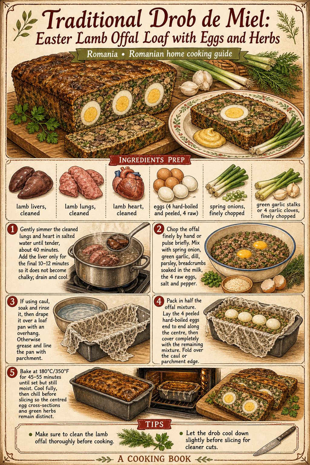 Traditional Drob de Miel: Easter Lamb Offal Loaf with Eggs and Herbs illustrated step-by-step cooking guide