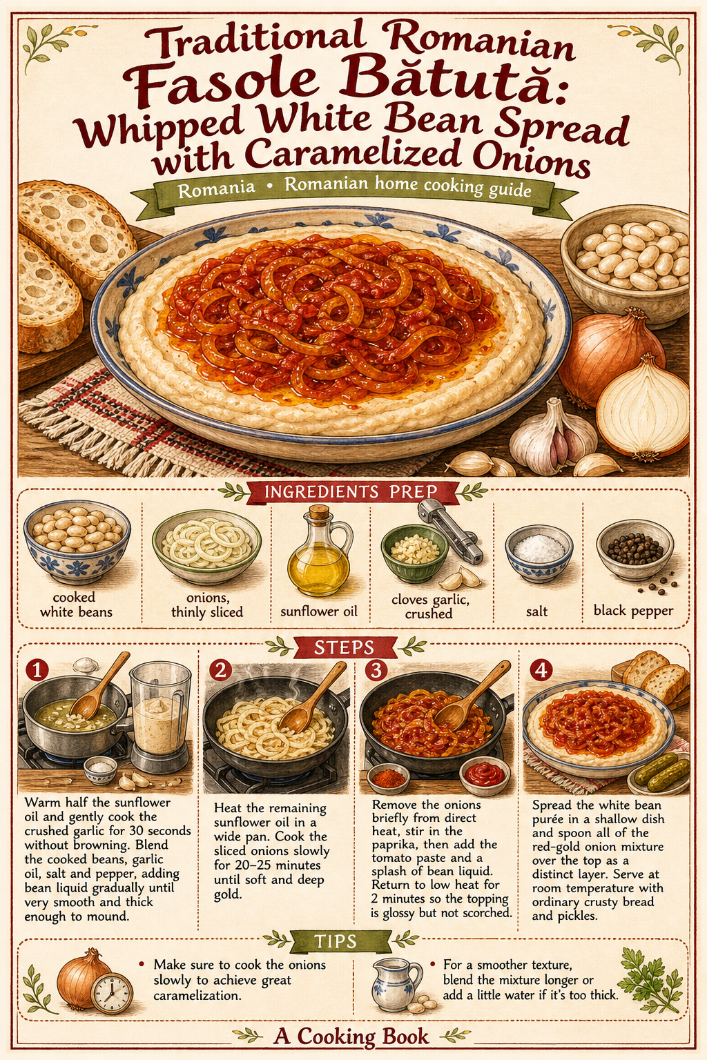 Traditional Romanian Fasole Bătută: Whipped White Bean Spread with Caramelized Onions illustrated step-by-step cooking guide
