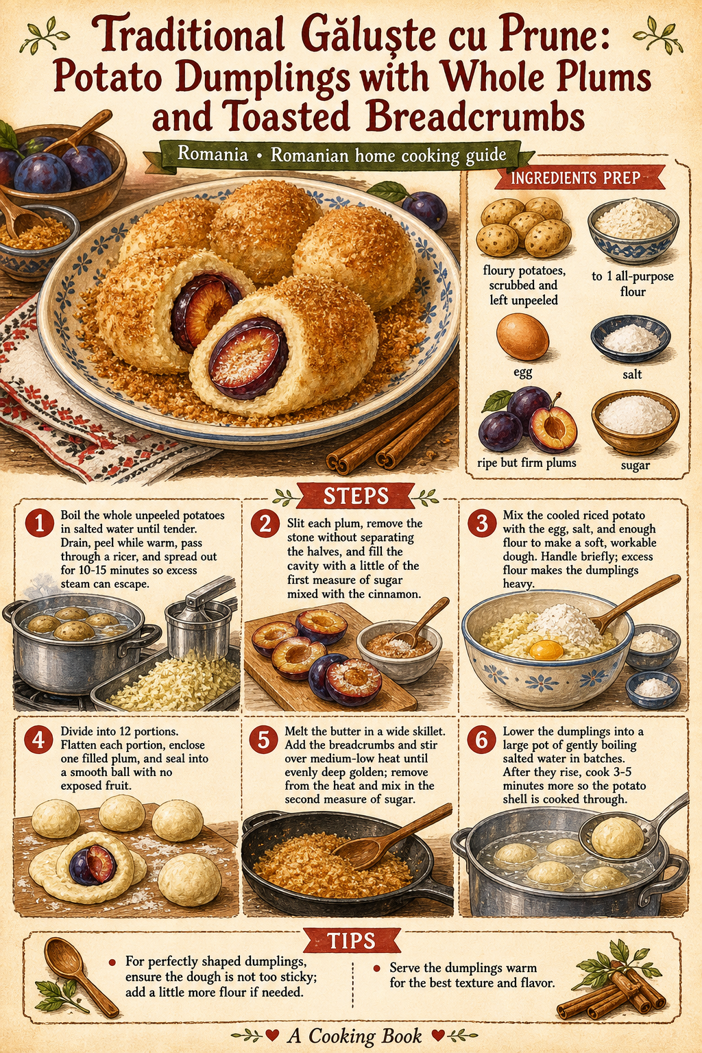 Traditional Găluște cu Prune: Potato Dumplings with Whole Plums and Toasted Breadcrumbs illustrated step-by-step cooking guide