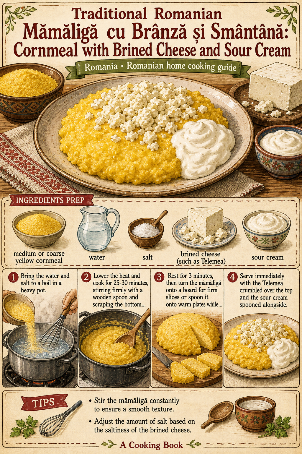 Traditional Romanian Mămăligă cu Brânză și Smântână: Cornmeal with Brined Cheese and Sour Cream illustrated step-by-step cooking guide