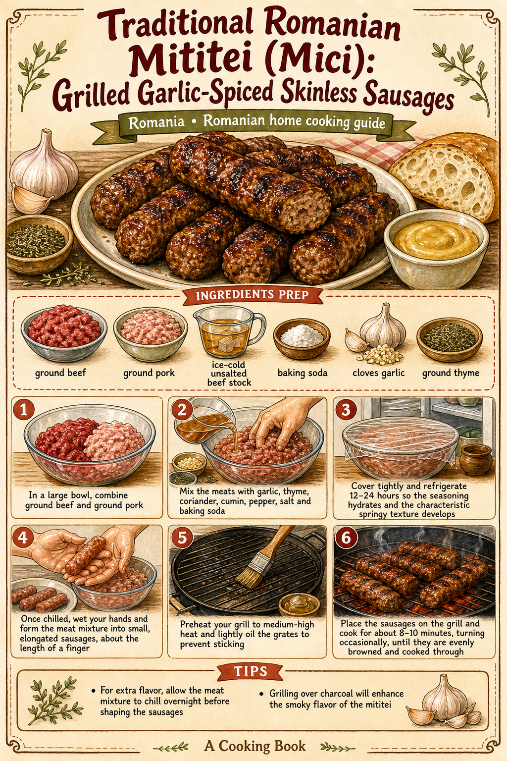 Traditional Romanian Mititei (Mici): Grilled Garlic-Spiced Skinless Sausages illustrated step-by-step cooking guide