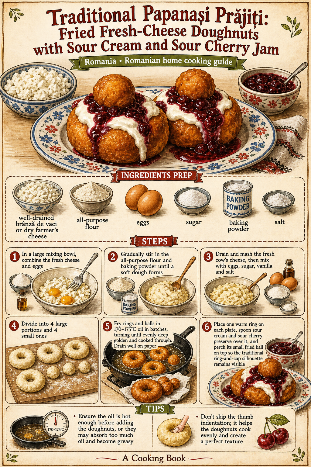 Traditional Papanași Prăjiți: Fried Fresh-Cheese Doughnuts with Sour Cream and Sour Cherry Jam illustrated step-by-step cooking guide