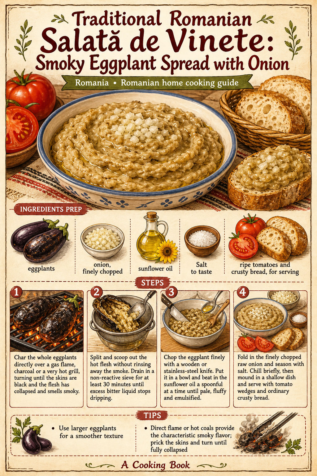Traditional Romanian Salată de Vinete: Smoky Eggplant Spread with Onion illustrated step-by-step cooking guide