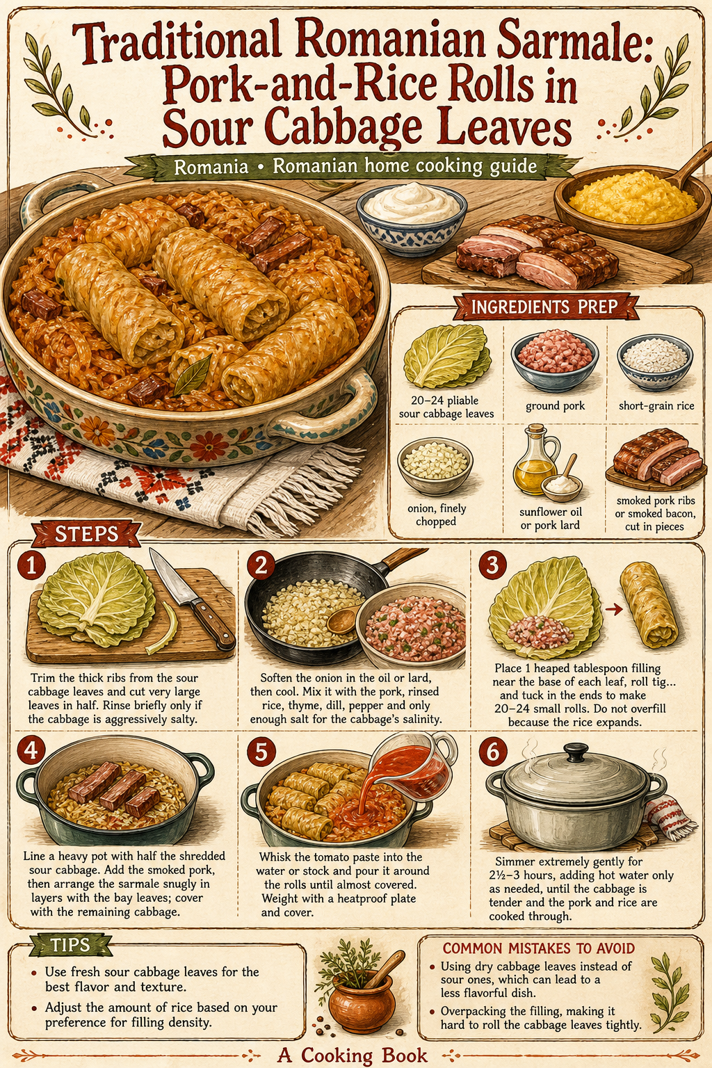Traditional Romanian Sarmale: Pork-and-Rice Rolls in Sour Cabbage Leaves illustrated step-by-step cooking guide