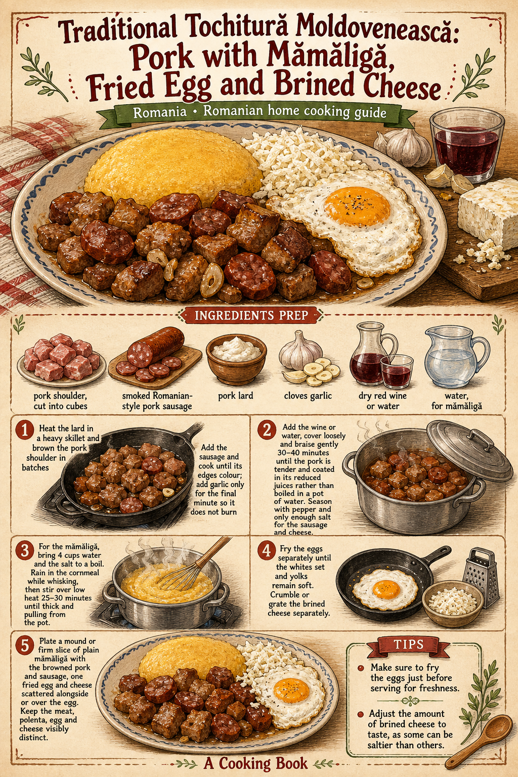 Traditional Tochitură Moldovenească: Pork with Mămăligă, Fried Egg and Brined Cheese illustrated step-by-step cooking guide