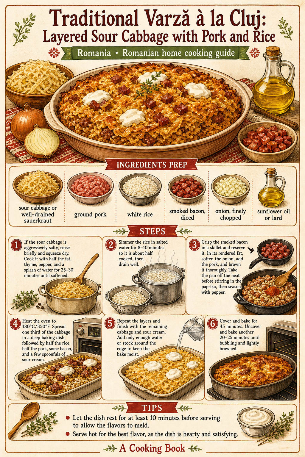 Traditional Varză à la Cluj: Layered Sour Cabbage with Pork and Rice illustrated step-by-step cooking guide