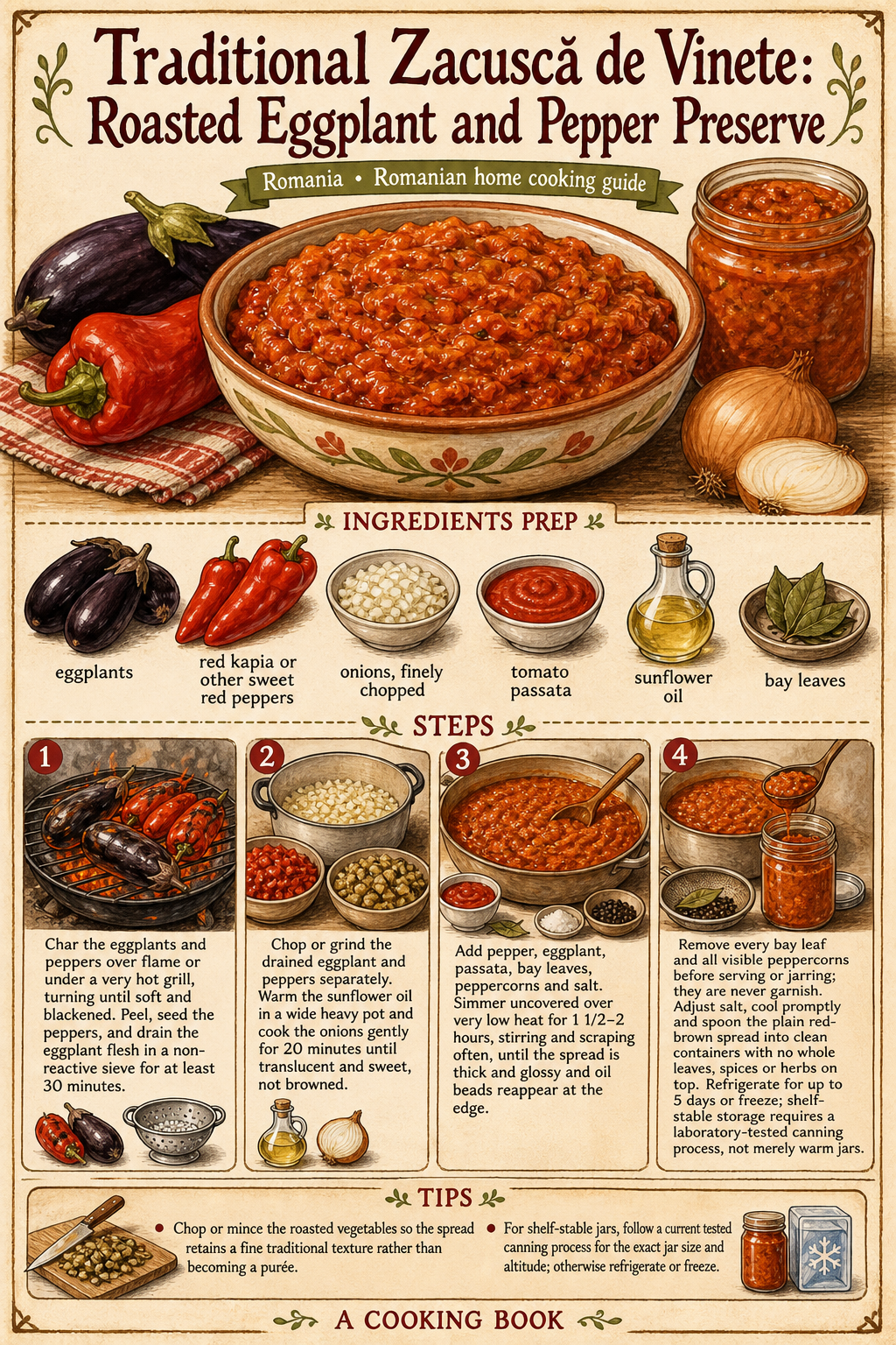 Traditional Zacuscă de Vinete: Roasted Eggplant and Pepper Preserve illustrated step-by-step cooking guide