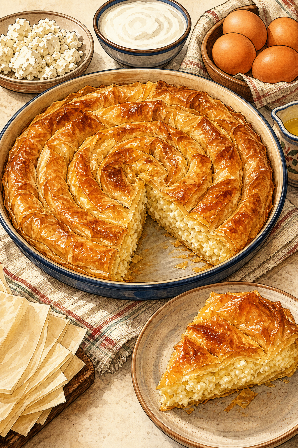 Traditional Bulgarian Banitsa with Sirene and Eggs