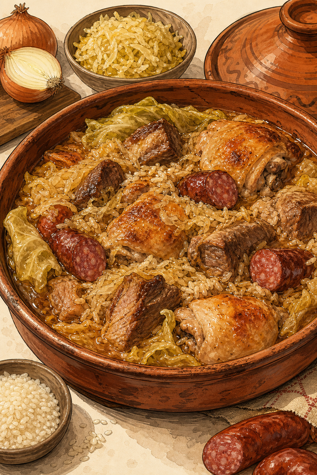 Traditional Banska Kapama: Layered Sauerkraut and Mixed-Meat Clay-Pot Stew illustrated recipe card