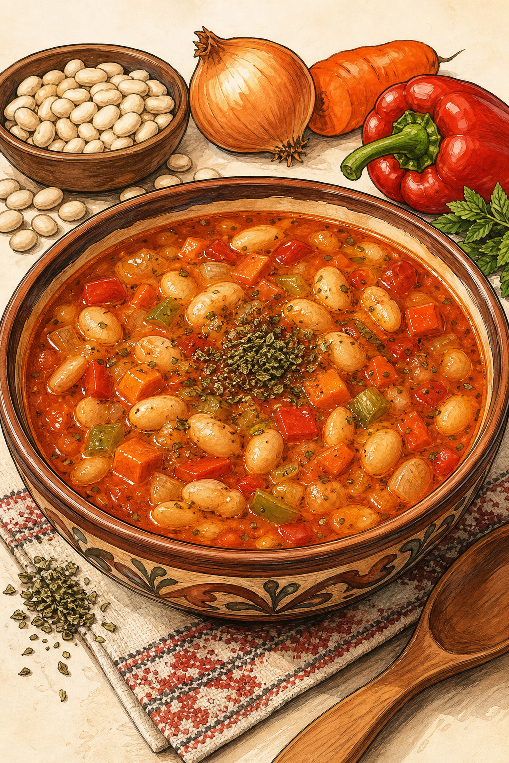 Traditional Bulgarian Bob Chorba: Bean Soup with Spearmint illustrated recipe card