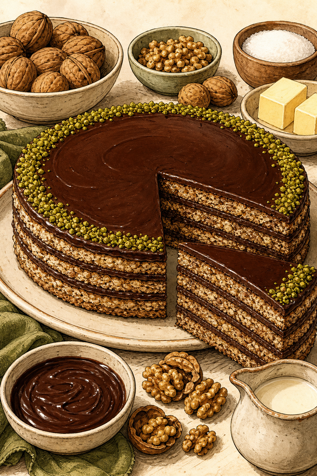 Traditional Bulgarian Garash Cake with Walnut Layers and Chocolate Ganache