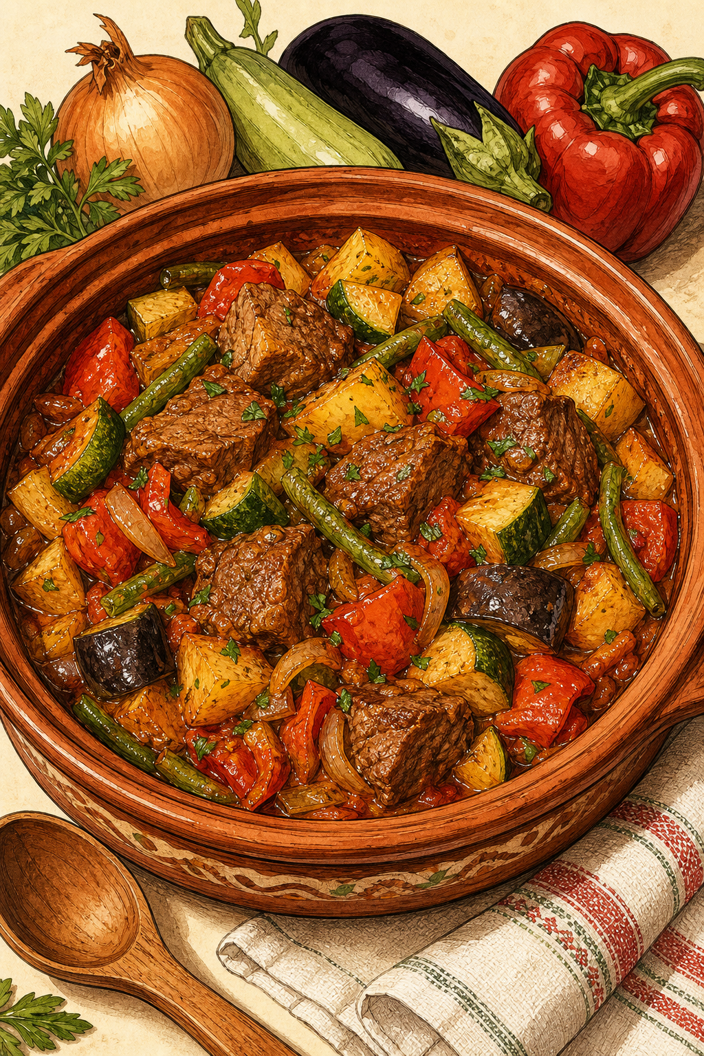 Traditional Bulgarian Gyuvech: Slow-Baked Meat and Vegetable Casserole