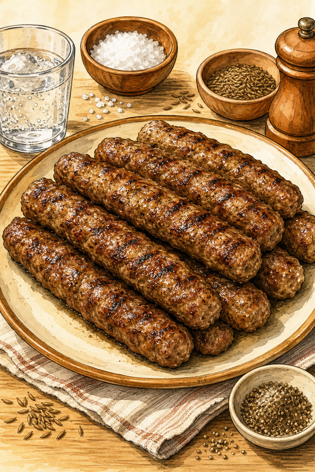 Traditional Bulgarian Kebapche: Grilled Savory-Spiced Minced-Meat Logs