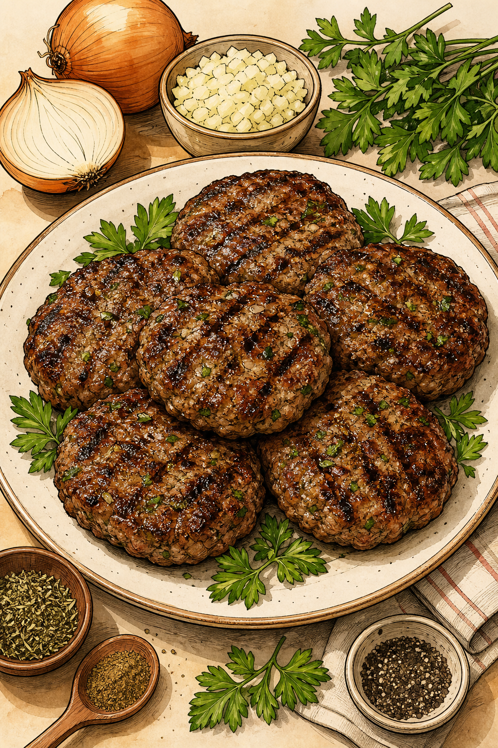 Traditional Bulgarian Kyufte: Grilled Savory-Spiced Meat Patties illustrated recipe card