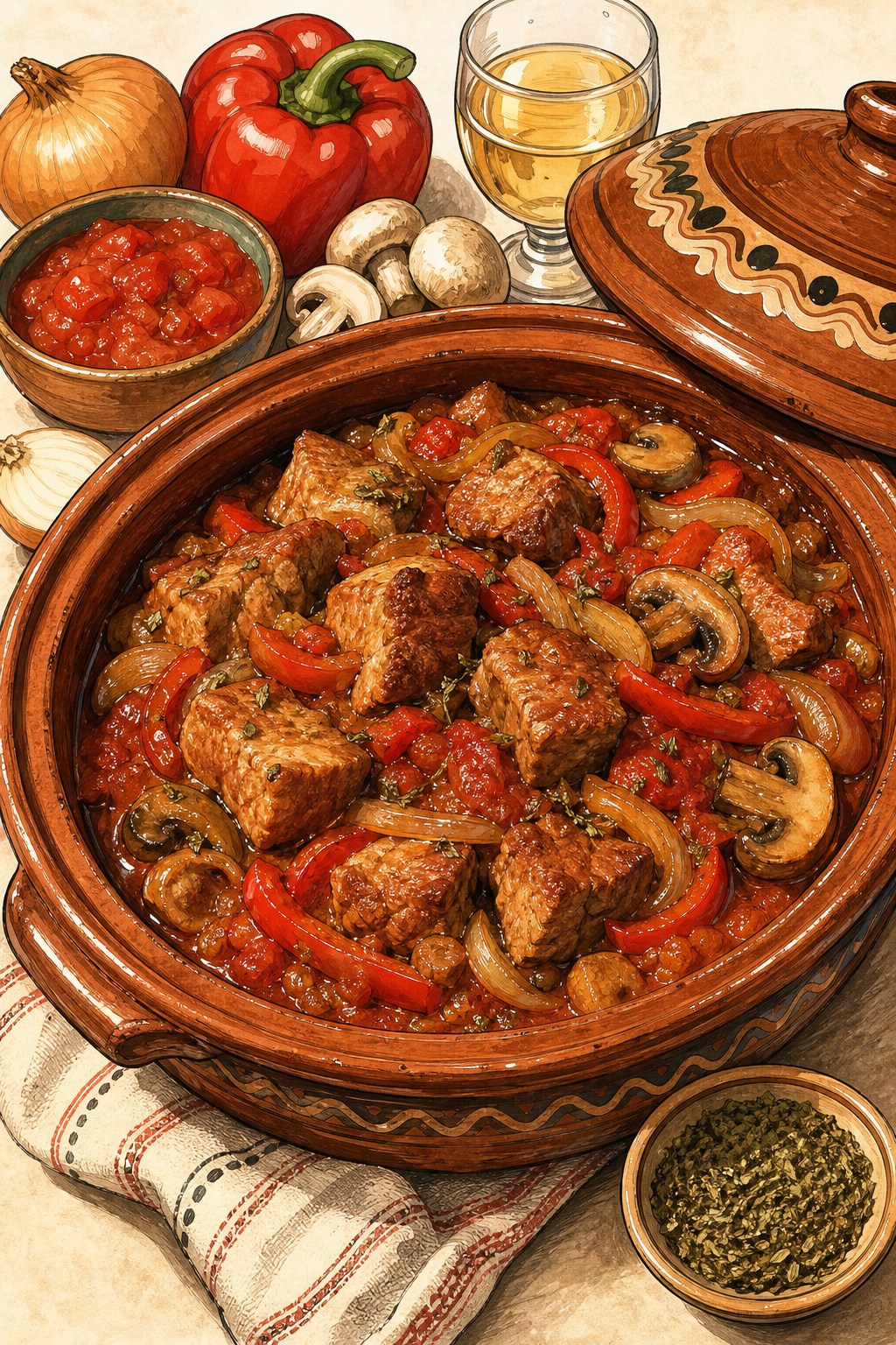 Traditional Bulgarian Pork Kavarma in a Clay Pot