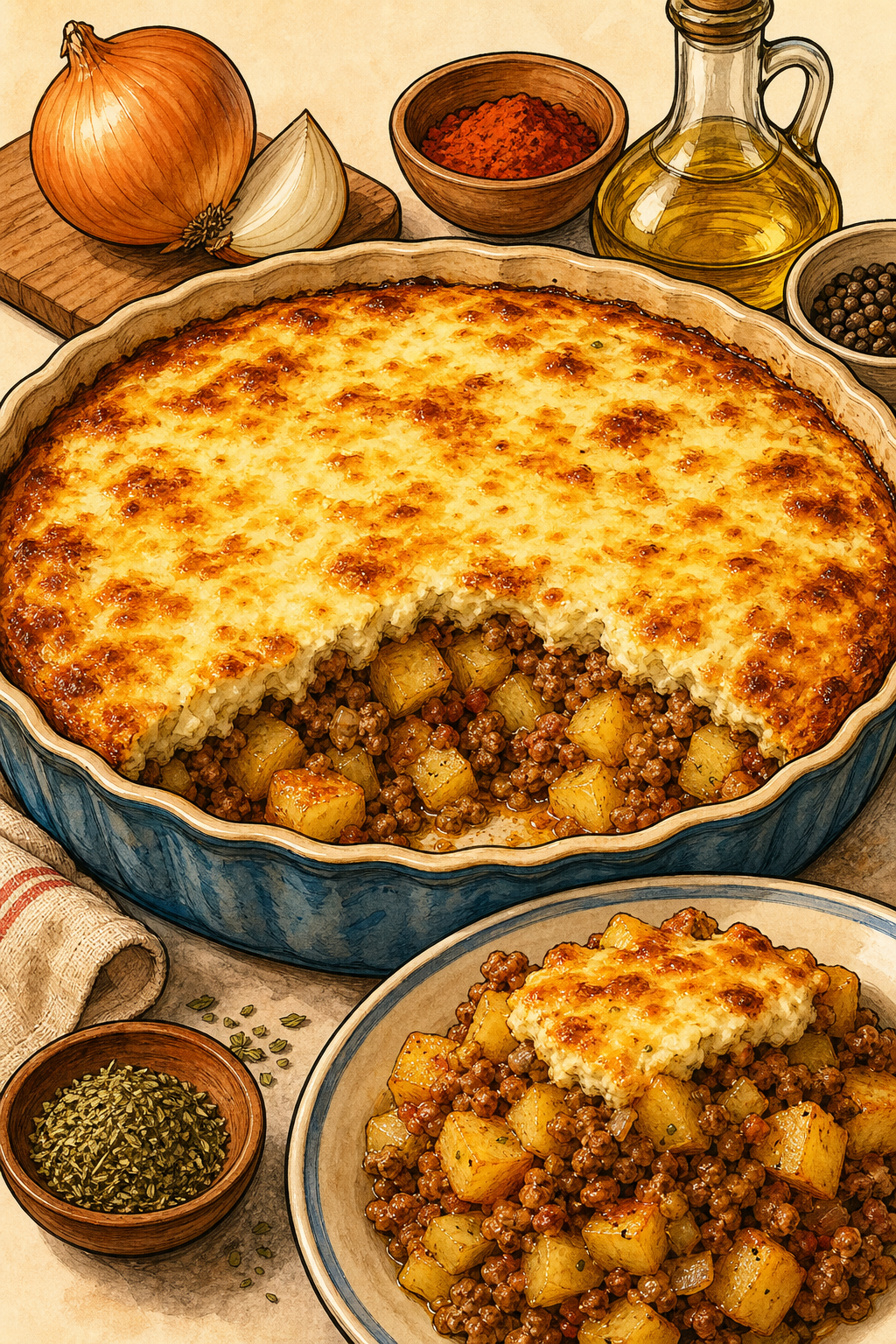 Traditional Bulgarian Potato Moussaka with Yogurt-Egg Topping illustrated recipe card