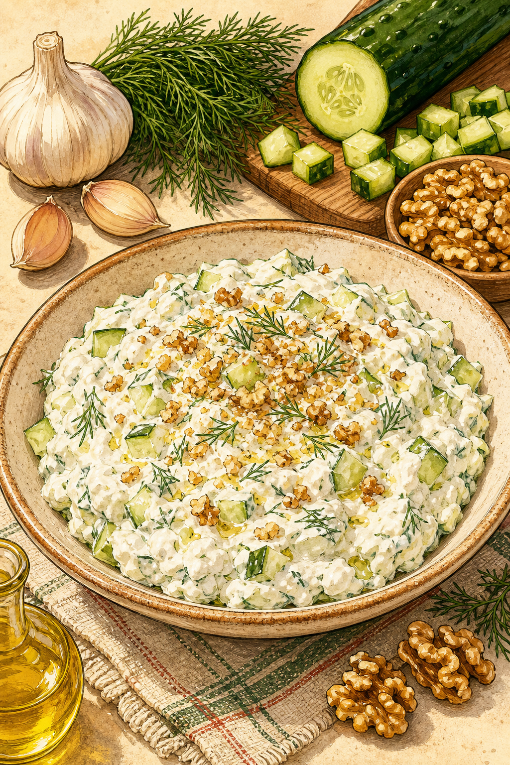 Traditional Bulgarian Snezhanka Salad with Strained Yogurt and Cucumber illustrated recipe card